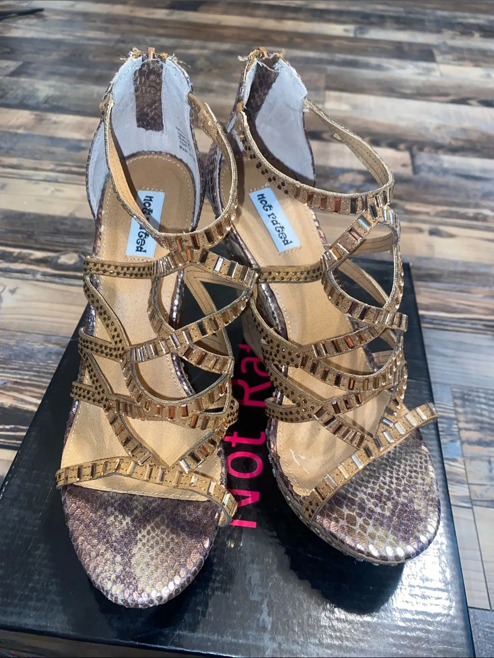 Not Rated Gold Snake-Print Strappy Wedge Sandals